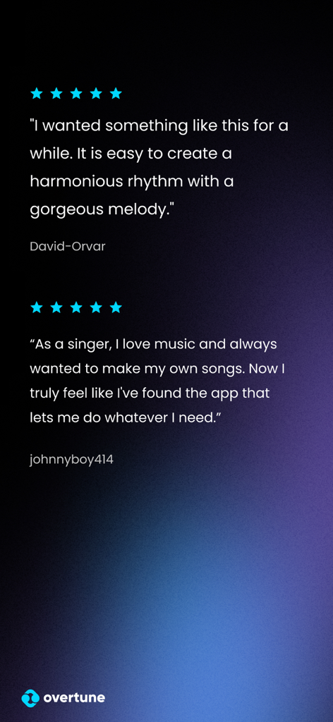 Five-star user reviews and testimonials for Overtune Instrumental Maker app