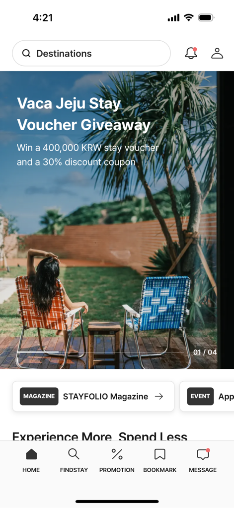 STAYFOLIO - STAYFOLIO app home screen featuring a boutique travel promotion and destination search