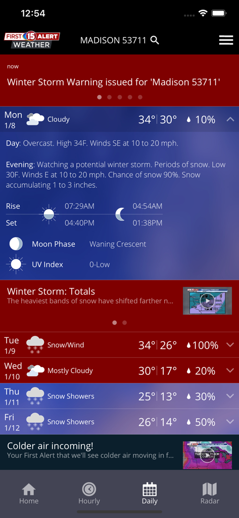 WMTV15 First Alert Weather app interface showing a winter storm warning and daily forecast for Madison Wisconsin