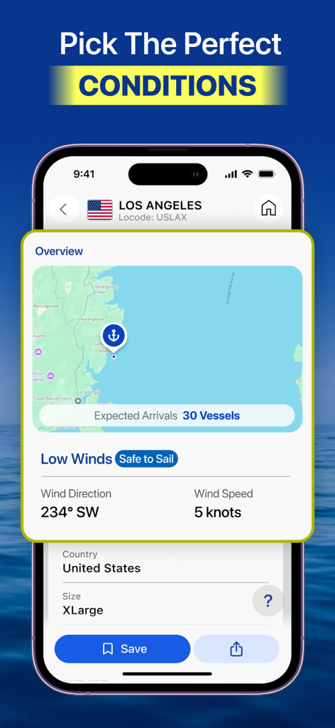 L'application Marine Traffic Vessel Finder montrant les arrivées aux ports et les conditions de navigation pour Los Angeles.