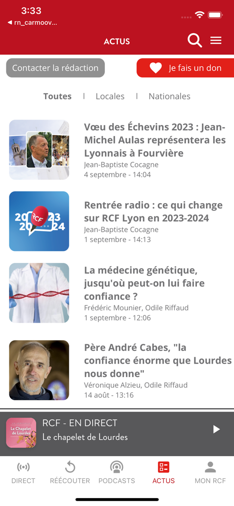 RCF - Info, Podcast, Culture - Section d'actualités de l'application mobile RCF montrant une liste d'articles culturels et spirituels avec un lecteur audio en direct en bas