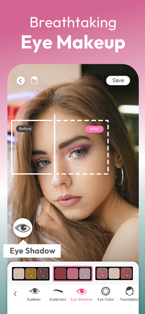A woman using the YouCam Makeup app to virtually try on purple eye shadow with a before and after comparison