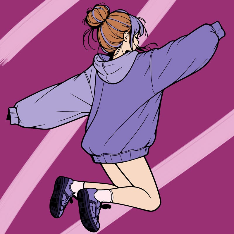realistic girl jumping with a bun and oversized sweatshirt