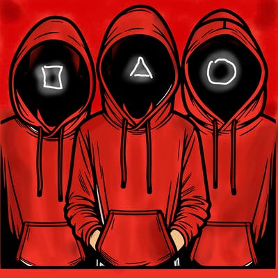 3 faceless people in  hoodies