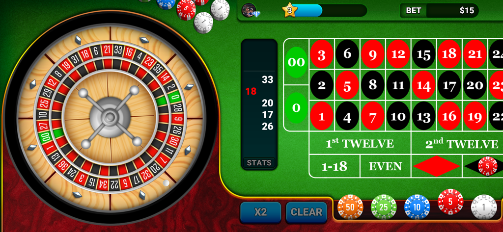 Roulette Casino - Vegas Wheel - Roue de roulette américaine et table de paris avec des jetons dans une application de jeu de casino