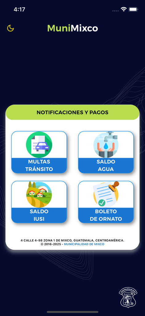 Consultas Mixco - Interface of the Consultas Mixco app displaying buttons for traffic fines, water balance, property tax, and Boleto de Ornato.