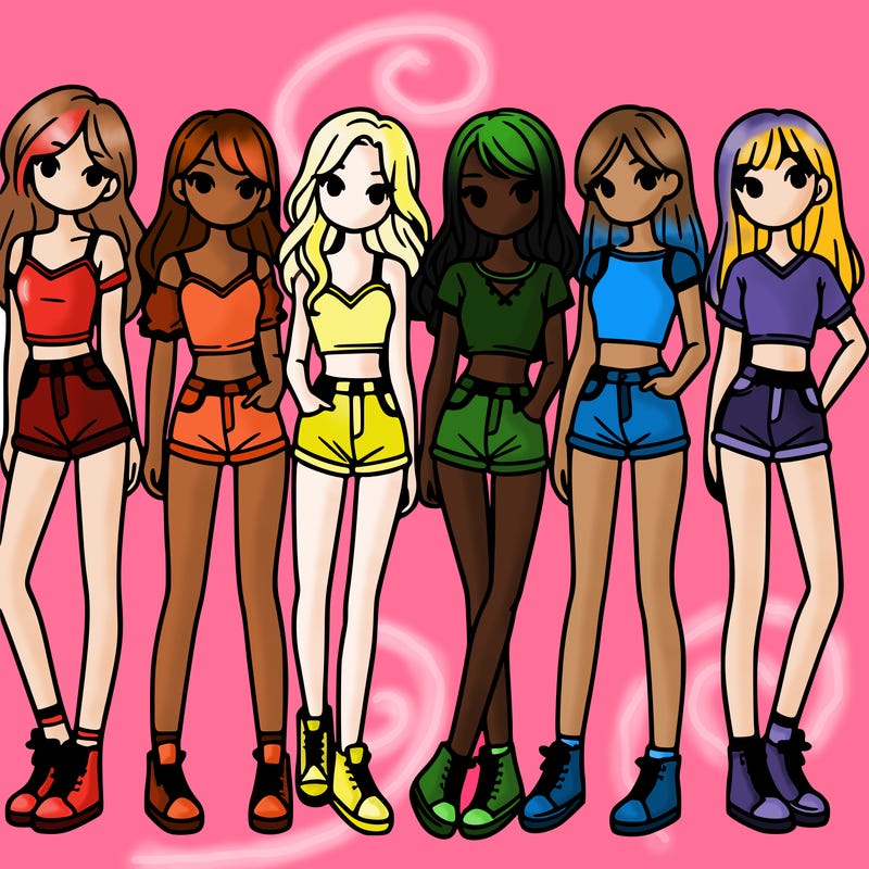 a group of girls wearing crop tops and shorts