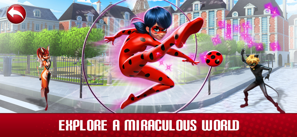 Miraculous Ladybug Life - Ladybug e Cat Noir em uma rua parisiense do jogo mobile Miraculous Ladybug Life.