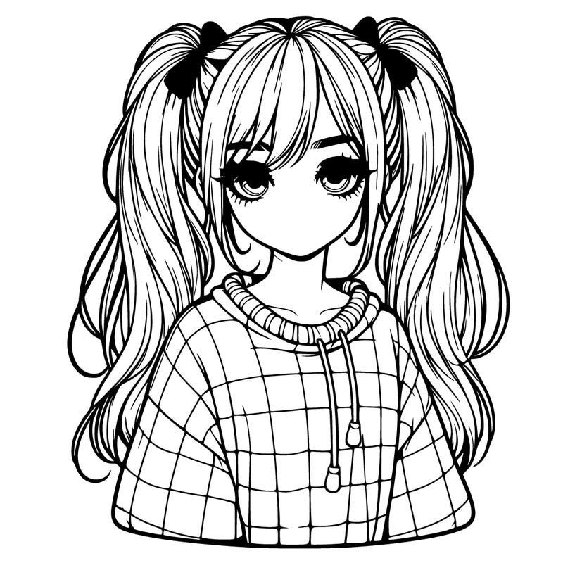 realistic girl wearing a baggie sweater with long pigtails