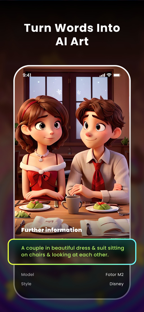 Interface of GoArt app showing a cartoon couple generated from a text prompt in Disney style