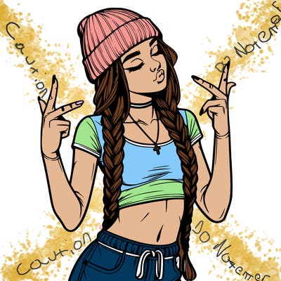 realistic teenage girl with braids and a beanie and crop top doing 🫶🏼