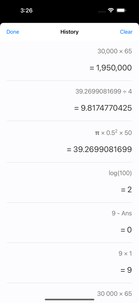 Screenshot of the OneCalc app history screen displaying a list of previous mathematical calculations and their results