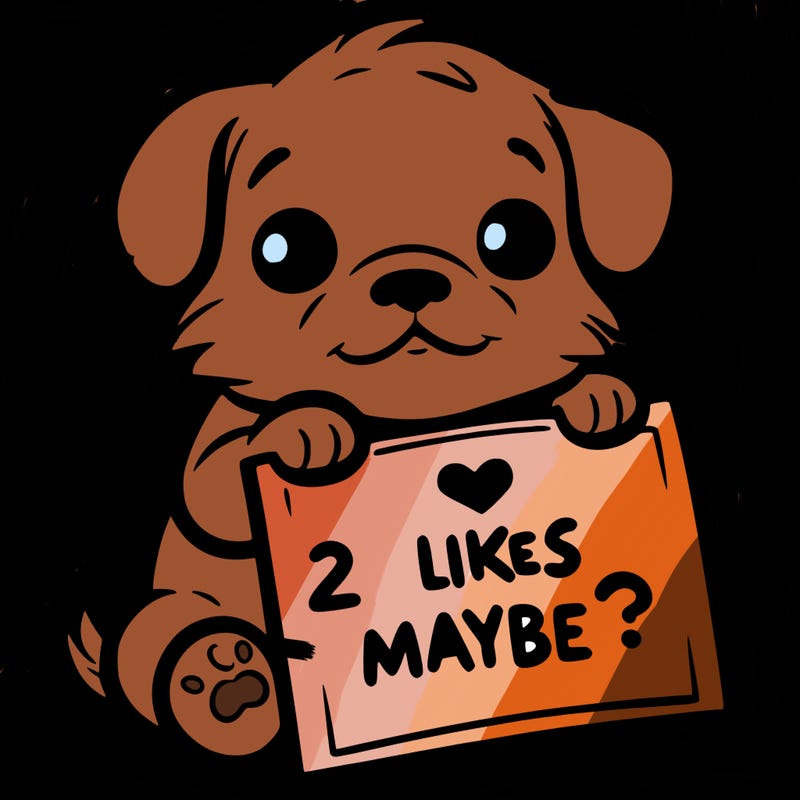 a puppy holding a sign that says 2 likes maybe?