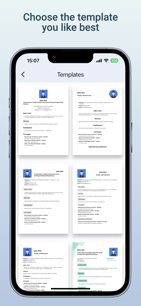 Mobile app screen showing various professional resume templates to choose from