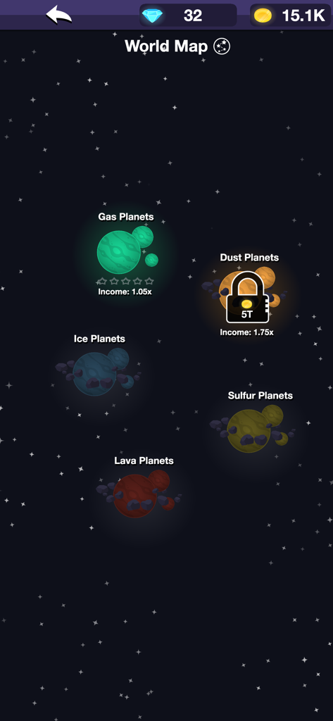 Planet Miner FRVR - La pantalla del mapa del mundo en Planet Miner FRVR mostrando diferentes tipos de planetas para minar como planetas de gas, hielo y lava.