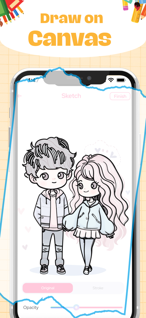 A mobile app interface showing a sketch of a cute anime couple on a digital canvas