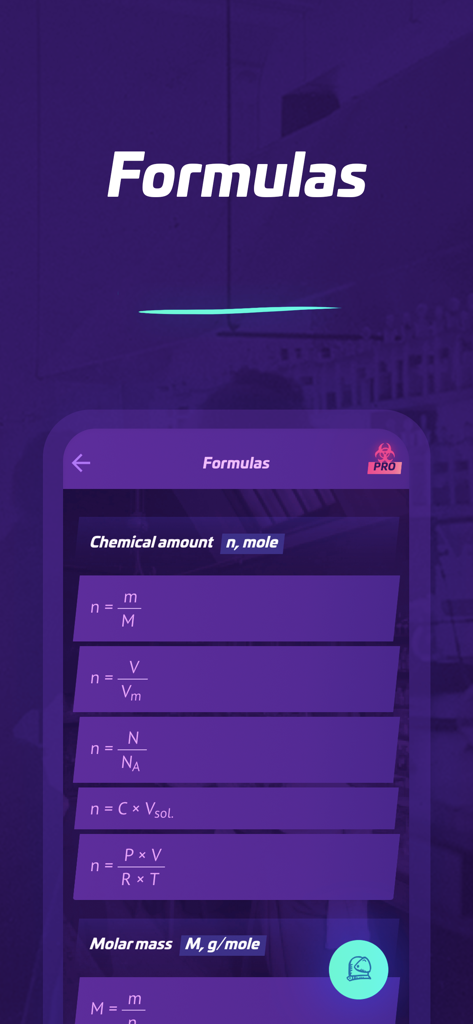 Chemistry AI· - Chemistry AI app screen showing chemical amount and molar mass formulas.