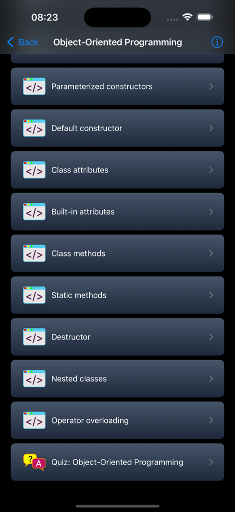 Python Programming Pro - Uma lista de tópicos de Programação Orientada a Objetos, incluindo construtores, métodos e um quiz no aplicativo Python Programming Pro.