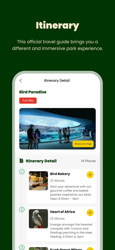 A mobile app screenshot showing a detailed day-trip itinerary for Bird Paradise at Mandai Wildlife Reserve.