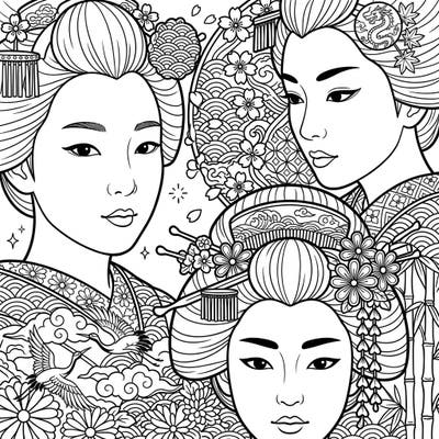 Immerse yourself in the world of traditional Japanese beauty with this stunning Geisha makeup coloring page. Discover intricate details of elegant faces, ornate hairstyles, and cultural patterns awaiting your creative touch.