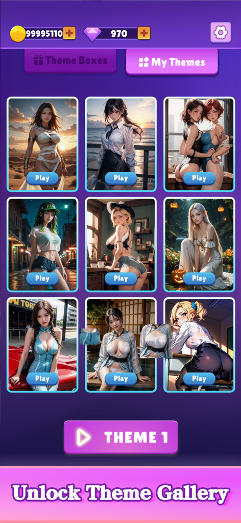 Beauties Onet - Pretty Match - A gallery view in the Beauties Onet app showing a grid of unlockable character themes and high definition images.