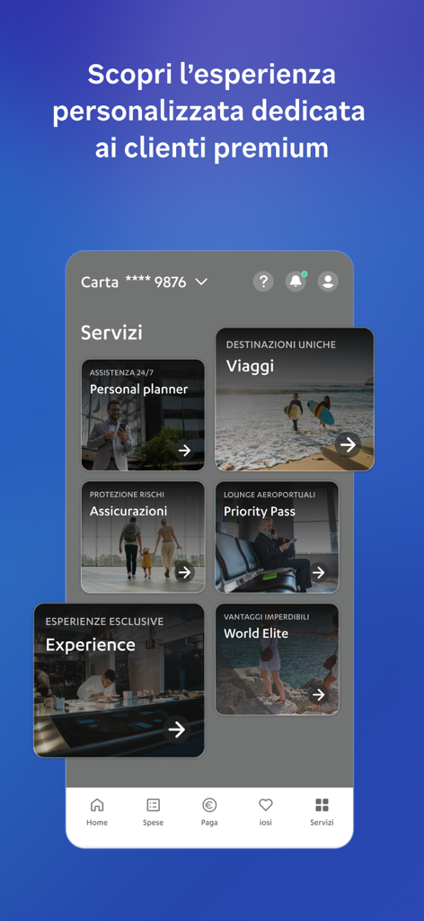 Nexi Pay app interface showing personalized premium services for travel insurance and exclusive experiences