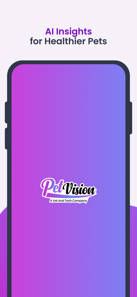 Petvis - PetVisionアプリのスプラッシュスクリーン、タグライン「AI Insights for Healthier Pets」をフィーチャー