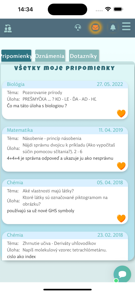 Smartbooks-App-Oberfläche mit einer Liste von Schülermeldungen und Unterrichtsfeedback für Fächer wie Mathematik und Naturwissenschaften