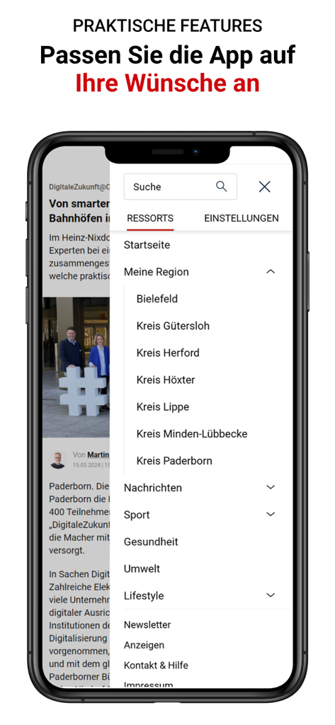 NW News - Écran de smartphone montrant le menu de l'application NW News avec des catégories régionales personnalisables pour l'Ostwestphalie-Lippe.