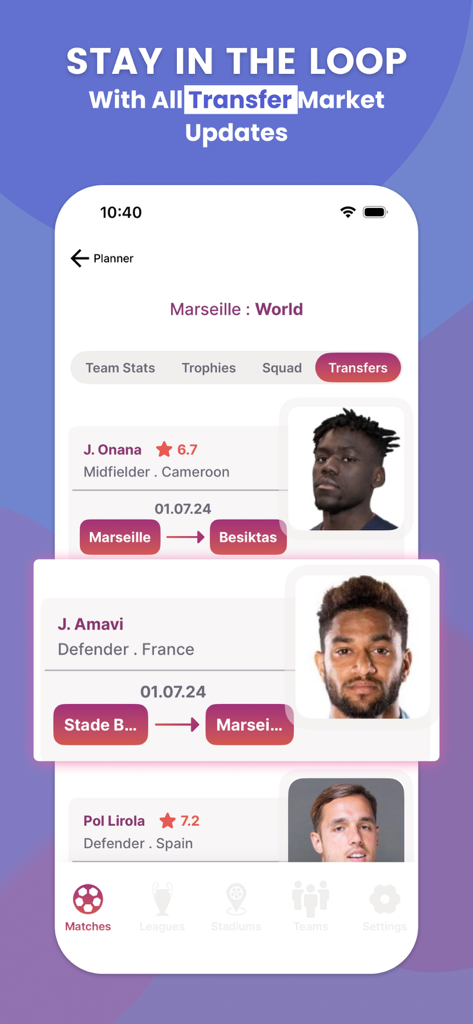 Nova Soccer : Live Sport Score - Screenshot dell'app Nova Soccer che mostra aggiornamenti sul calciomercato e movimenti dei giocatori