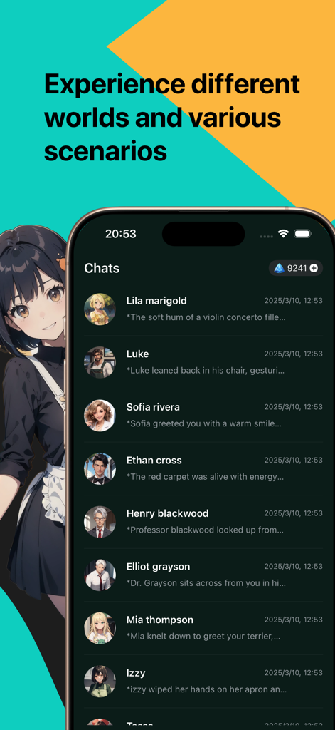 Emorai-Chat with AI Character - Chat interface showing a list of diverse AI anime characters in Emorai