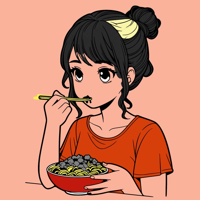 a realistic girl, eating food