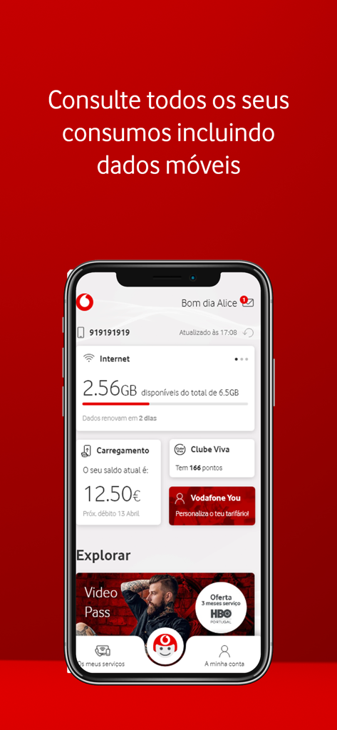 Panel de la aplicación My Vodafone Portugal que muestra el uso de datos móviles y el saldo de la cuenta.