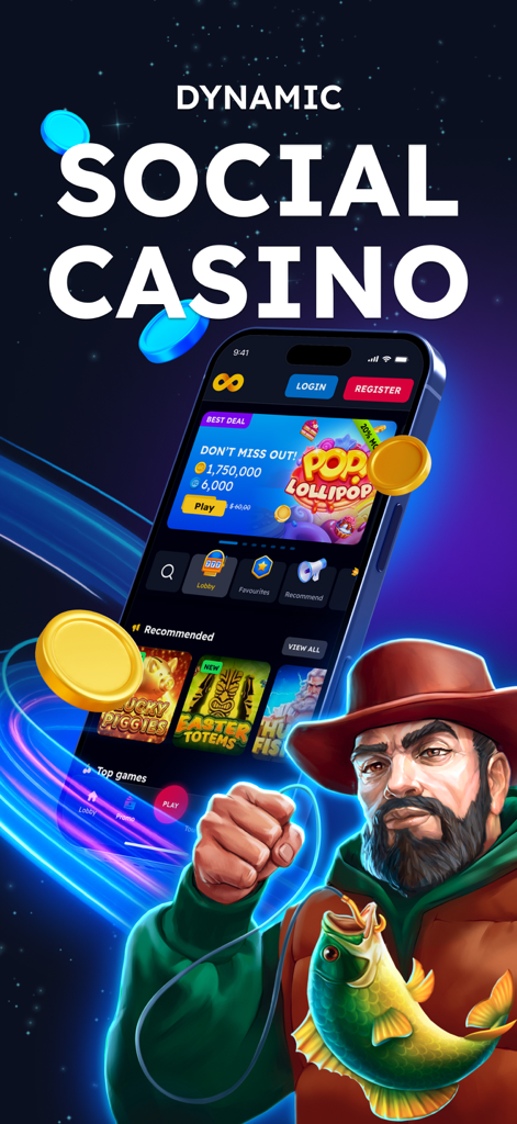 A smartphone showing the NoLimitCoins app interface with slot games and a fisherman character foreground