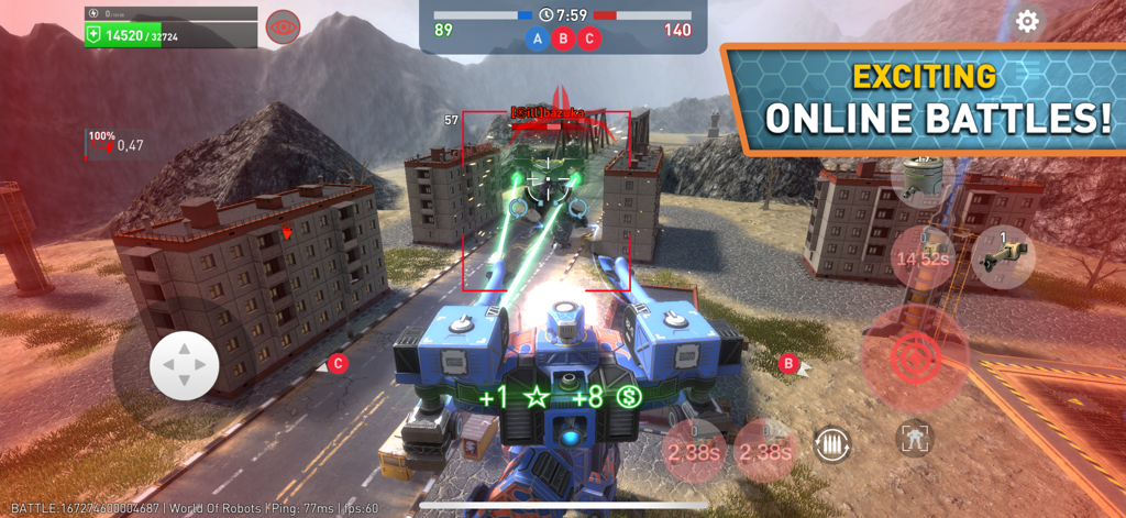 Third-person gameplay showing a blue war robot firing lasers at an enemy in an urban PvP battle