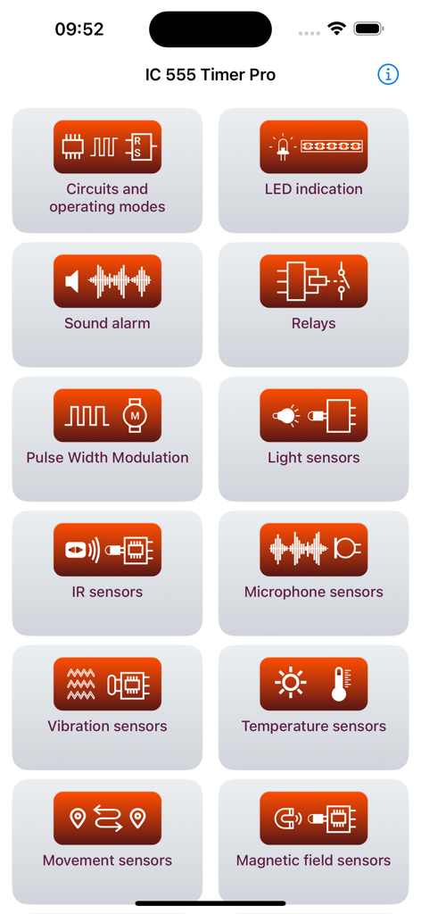Main menu of IC 555 Timer Pro app featuring tutorials for circuits and various sensors