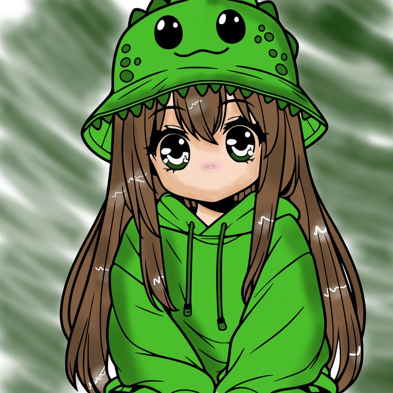 girl with anime shaped eyes with a dinosaur bucket hat oversized sweatshirt long straight hair