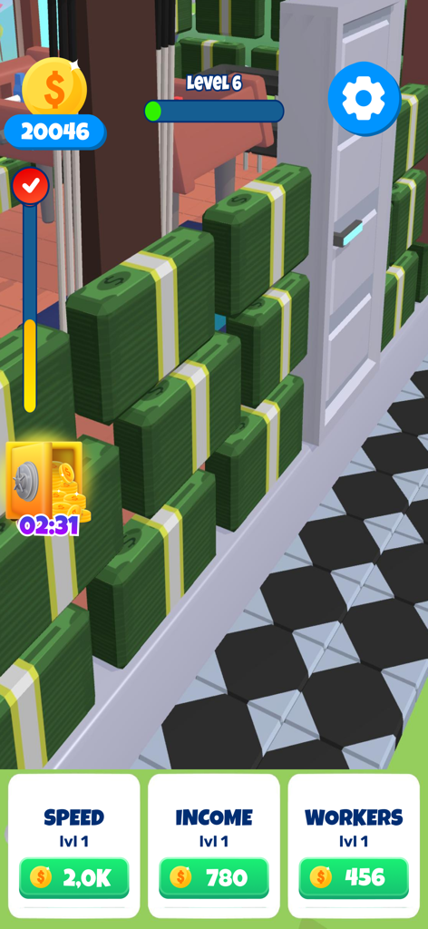 DIY Building 3D: Craft Block - A screenshot of DIY Building 3D gameplay showing stacks of cash and upgrade buttons for speed and income.