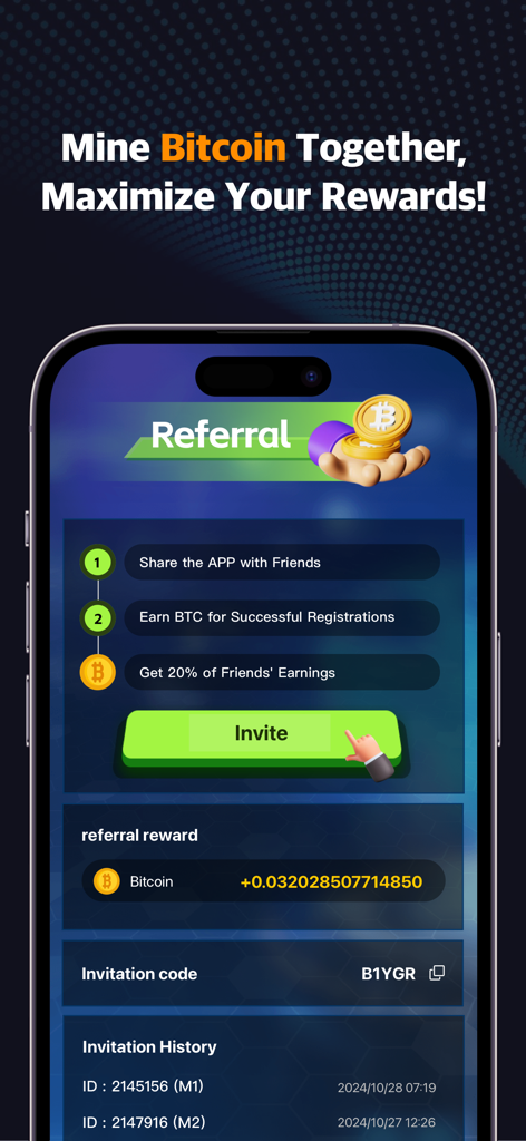 BitTycoon:BTC Cloud Mining - Smartphone screen showing the BitTycoon referral system with steps to invite friends and earn bitcoin rewards