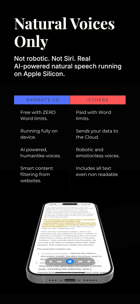 Narrate - Text to Speech - A comparison table showing Narrate vs other apps highlighting free unlimited natural AI voices and on-device privacy