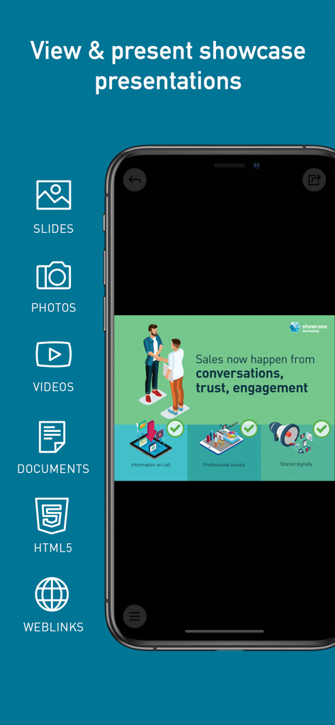 Showcase Workshop - Showcase Workshop mobile app interface for viewing and presenting sales content including slides and videos