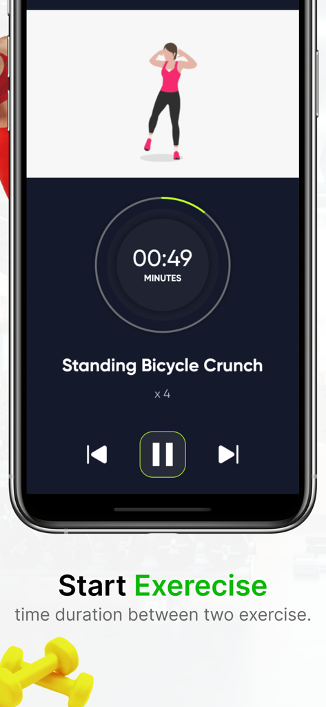 30 days Excercise challenge - Una pantalla de aplicación móvil que muestra una animación de ejercicio de bicicleta de pie con un temporizador de cuenta regresiva