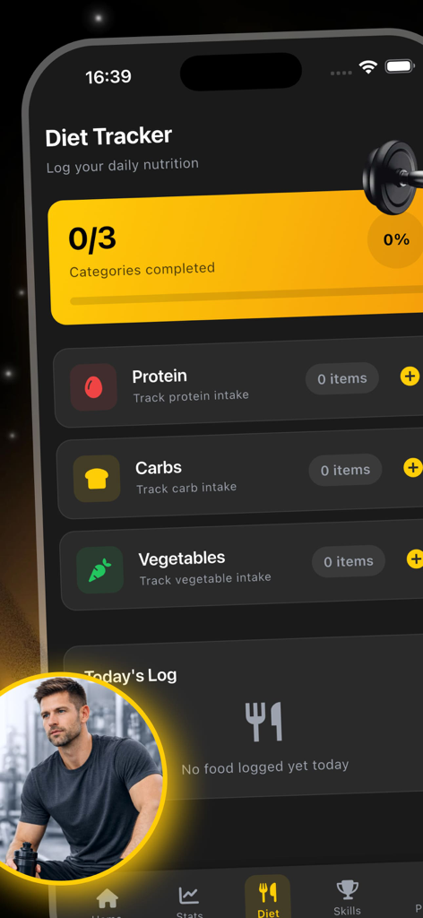 Interface of the Dhok app showing the diet tracker screen with categories for protein carbs and vegetables