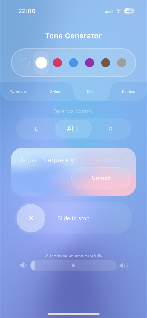 Speaker Wizard Tone Generator - Interface de l'application Speaker Wizard montrant les paramètres du générateur de tons avec des contrôles de bruit et de balance