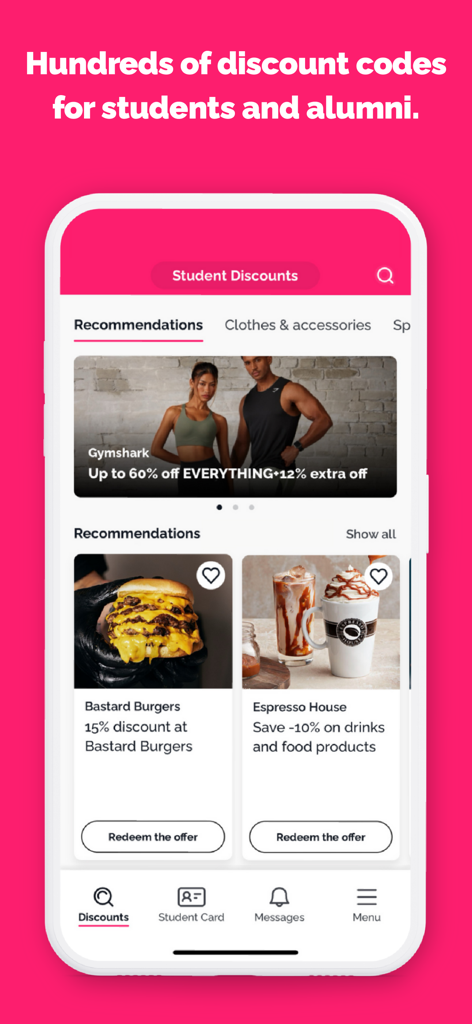 Frank App - Gymshark 및 Bastard Burgers 혜택이 표시된 Frank 앱 학생 할인 인터페이스