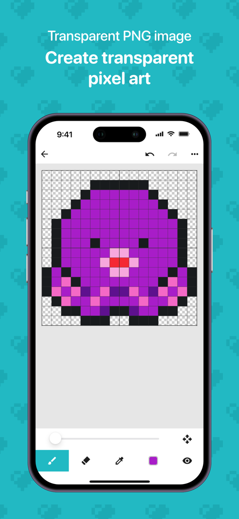 8bit Painter - Pixel Art - 8bit Painter app interface showing a purple pixel art octopus on a transparent background