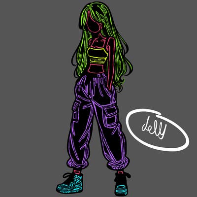 girl in baggy pants crop top and long hair