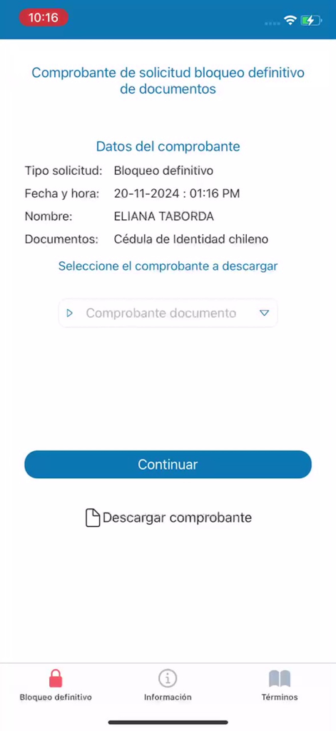 CedulApp - Confirmation receipt for a definitive document block request in the CedulApp mobile application.