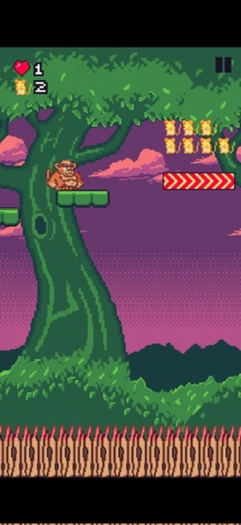 Macaco Jumper - A retro pixel art screen of the Macaco Jumper game showing a monkey character on a platform in a forest with a purple sunset background