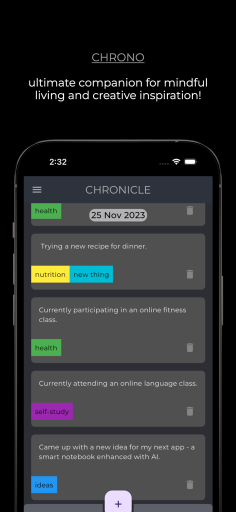 Chrono(Offline note-taking)GPT - Chrono app interface displaying a list of chronological notes with tags like health and nutrition.